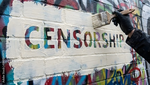 Person Painting Censorship Graffiti on Wall.