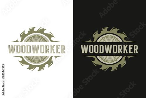 Modern Industrial Woodwork Logo - Saw Blade and Natural Tree Ring Icon