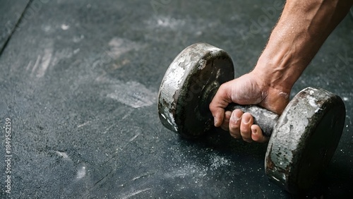 Hand Lifting Dumbbell on Gym Floor.