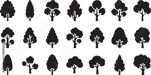 Set of Tree Silhouette Icons Minimalist Nature Symbols Forest and Garden Vector Illustrations for Logo and Web Design