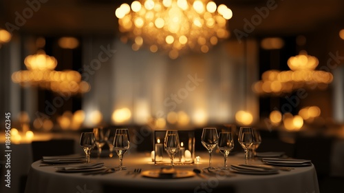 Elegant luxury dinner gala night poster design, crystal chandelier glowing warmly in the background, fine dining tableware, wine glasses, space for text, bokeh lights, and event poster.
