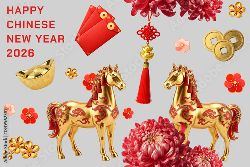 Seamless Chinese New Year 2026 Pattern with Golden Horse, Red Chrysanthemum and Lucky Symbols