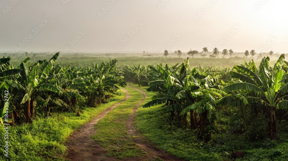 Obraz premium Lush Banana Plantation with Dirt Road Leading Through Rows of Tropical Trees on a Foggy Morning