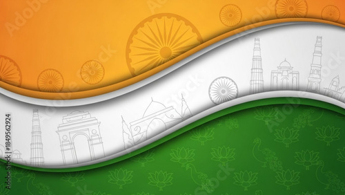 Vibrant Indian Flag Design with Cultural Icons and Symbolic Patterns in Orange, White, and Green
