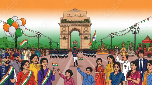 Vibrant Indian Independence Day Celebration Scene with Diverse Crowd and Iconic Landmark Gateway of India