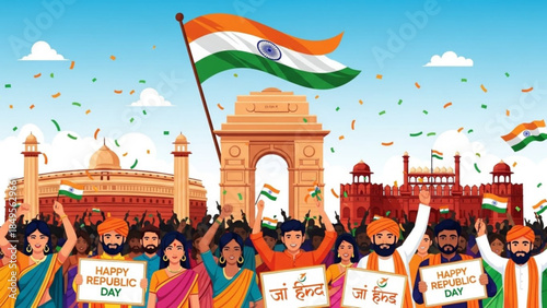 Vibrant Indian Republic Day Celebration Scene with Flag, People, and Iconic Landmarks in Background