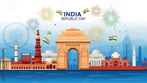 India Republic Day Celebrations with Landmarks and Fireworks Display