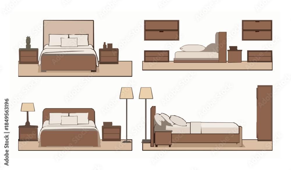 Fototapeta premium Bedroom interior vector set with bed and furniture shown from various views
