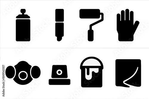 Graffiti Tool Icons. Graffiti tools. Filled icon set of graffiti tools: spray can, marker, roller, glove, mask