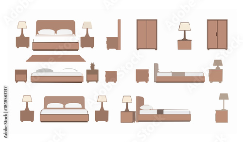 Bedroom furniture set from multiple angles modern interior vector illustration