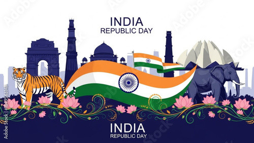 India Republic Day Celebrations, Cultural Heritage, National Pride, Tiger, Elephant, Landmarks, Flag, Floral Patterns