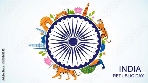 Vibrant India Republic Day Celebrations with Ashoka Chakra, Tigers, and Floral Elements