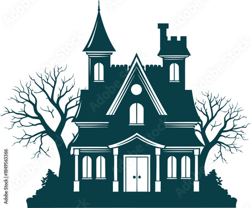 Haunted victorian mansion with turrets and bare trees on a spooky night