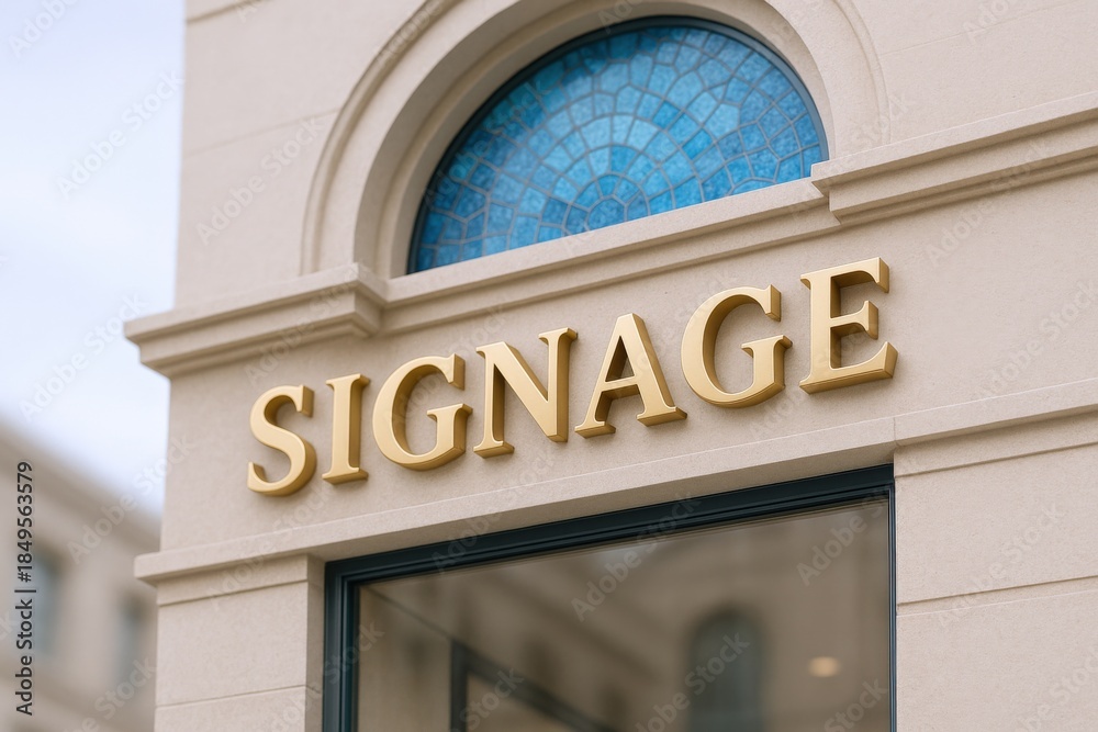 Obraz premium Elegant Gold Signage Mockup on Building Facade with Ornate Architectural Details and Reflected Window
