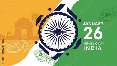 Vibrant India Republic Day Celebration with Ashoka Chakra and Peacock Elements on Yellow, White, and Green