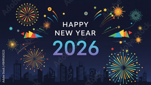 Vibrant Fireworks Illuminate 2026 New Year's Celebration Against Dark City Skyline with Colorful Kites and Stars