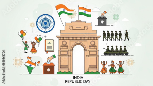 India Republic Day Celebrations with Gateway of India, Flags, Soldiers, Dancers, and Patriotic Elements Illustration