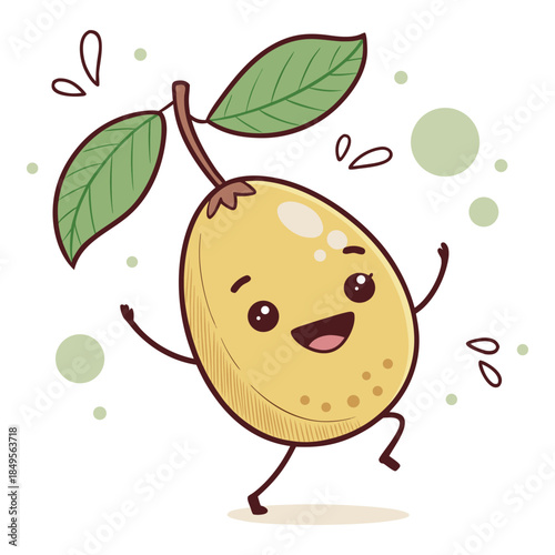 Cute cartoon pear character running happily with big sparkling eyes, wide smile, green leaves on top, surrounded by soft green dots.