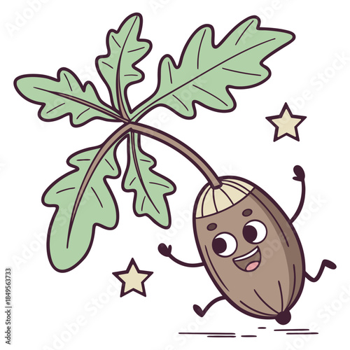 Adorable cartoon acorn character running happily with big sparkling eyes, wide smile, oak leaves on top, surrounded by cute sparkles.