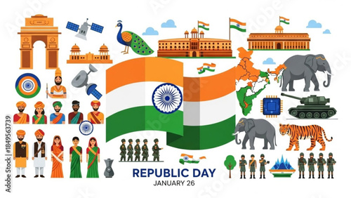 Vibrant India Republic Day Celebrations with Cultural Symbols and National Pride Elements