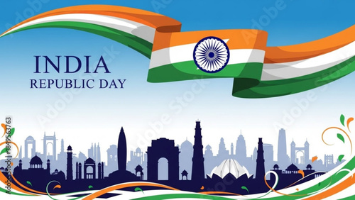 India Republic Day Celebrations with Flag and City Skyline Silhouette in Orange, White, and Green Colors