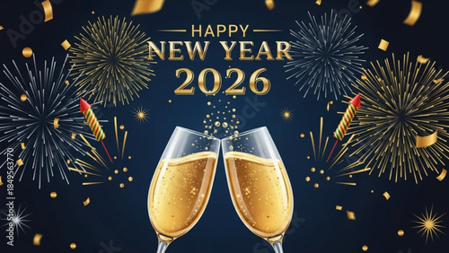 Happy New Year 2026 Celebration with Champagne Glasses and Fireworks Display