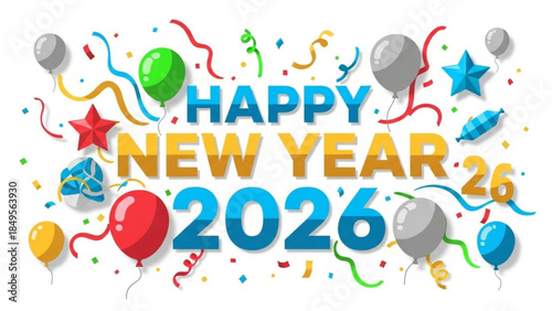 Colorful Happy New Year 2026 Celebration Background with Balloons and Confetti Decorations