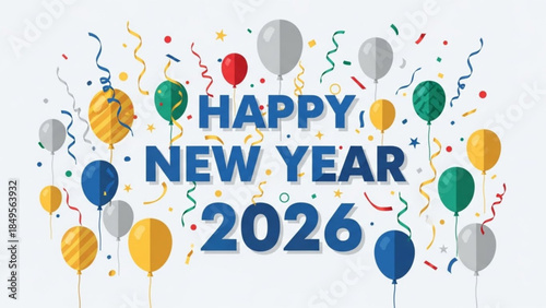 Colorful Happy New Year 2026 Celebration Background with Balloons and Confetti