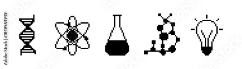 Minimal science icon set featuring DNA helix, atomic model, laboratory flask, molecular structure and light bulb symbols. Clean black outline vector elements for education, research, innovation 