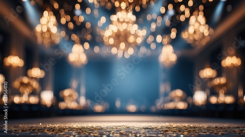 Elegant luxury dinner gala night poster design, crystal chandelier glowing warmly in the background, fine dining tableware, wine glasses, space for text, bokeh lights, and event poster.