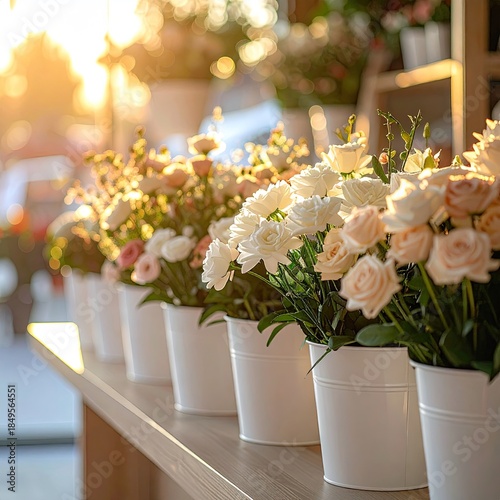 Rows of pastel flowers in white buckets, bathed in sunlight