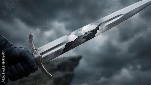Medieval Sword Held by Warrior Against Stormy Sky.