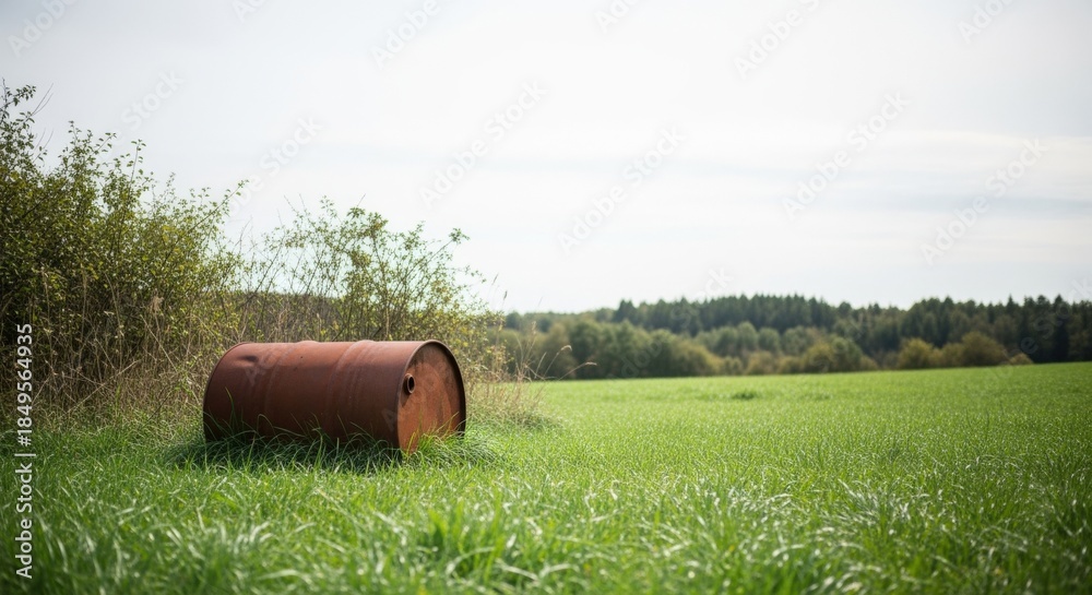 Fototapeta premium Rusty Metal Barrel Abandoned in Verdant Field: Environmental Decay and Rural Landscape