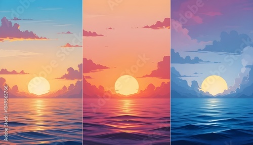 Modern Gradient Sea Backgrounds Vector Set Featuring Summer, Sunset, and Sunrise Colors – Abstract Design for Apps, Webpages, Banners, and Greeting Cards