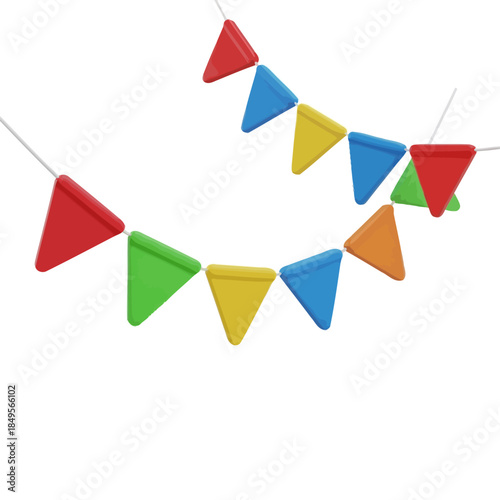 A colorful string of triangular bunting flags in red, green, yellow, and blue, suspended against a white background.