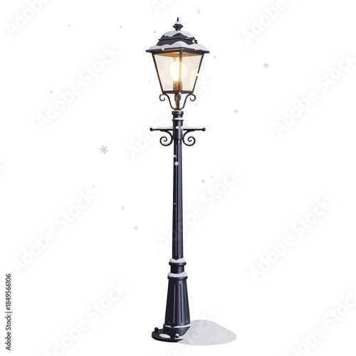 A vintage black lamppost with a lit bulb stands tall against a white background with falling snow.