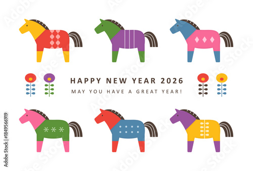 2026年年賀状デザイン　6頭のカラフルでかわいい馬