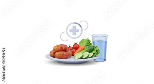 Balanced healthy meal with dates, fresh vegetables, and water glass, representing nutrition and wellness concept.