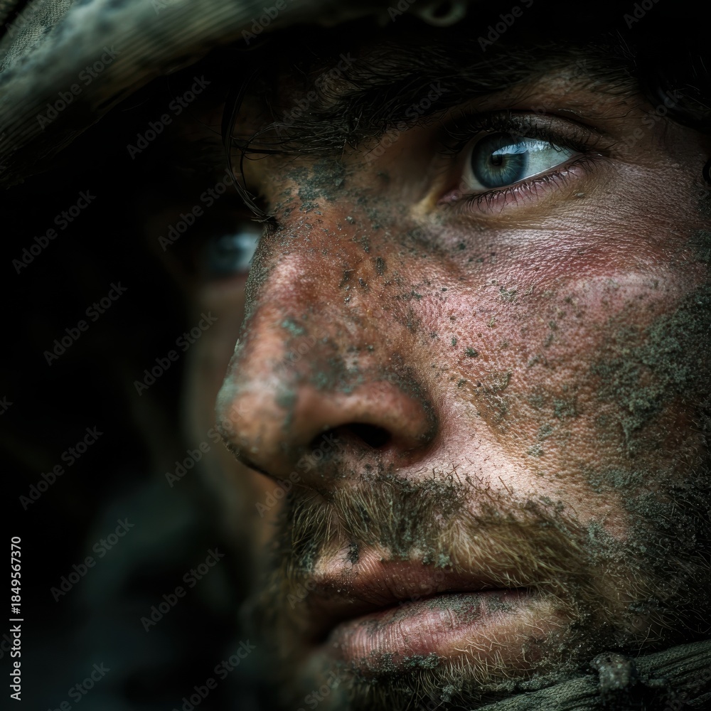 Obraz premium A close-up portrait of a soldier with deep, expressive eyes and a rugged appearance, embodying resilience in challenging conditions.