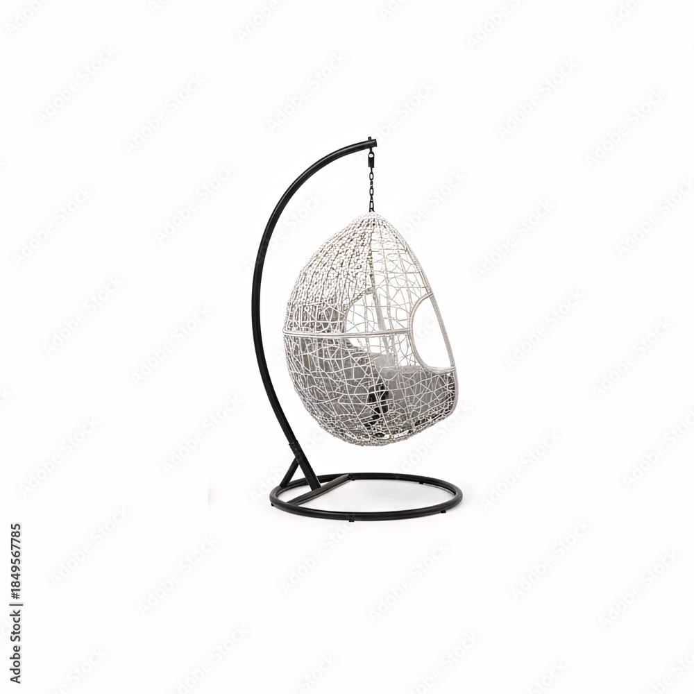 Fototapeta premium Modern hanging egg chair with white wicker and black metal stand