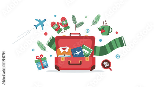 A festive red suitcase overflowing with travel essentials and holiday decorations, including a passport, plane ticket, and gifts, surrounded by a cup of hot chocolate, socks, and snowflakes