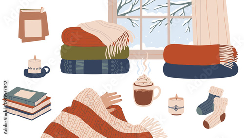 Cozy winter scene with stacked blankets, steaming cups, and warm socks by a window, conveying a peaceful Desember atmosphere with soft colors.