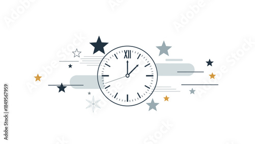 A digital illustration of a clock surrounded by stars and lines on a white background, conveying a sense of time and celebration in December.