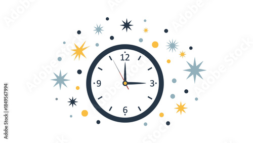 A digital illustration of a clock surrounded by colorful starbursts and dots on a white background, conveying a festive December atmosphere.