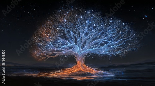 Mystical Fantasy Tree With Glowing Roots And Branches Illuminated By Magical Lights In Dark Starry Night Enchanted Nature Background