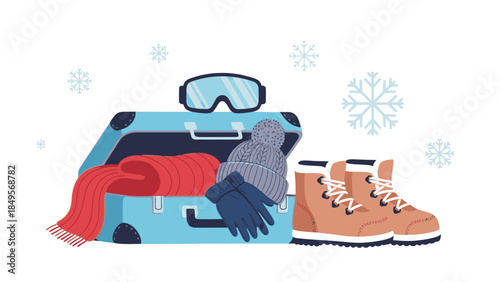 Illustration of winter clothing and gear, including a suitcase with a scarf, gloves, goggles, and boots, arranged on a clean white background with snowflakes, conveying a December travel or