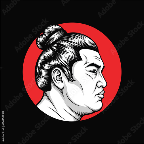 Sumo Wrestler Profile Illustration with Red Circle Background.
