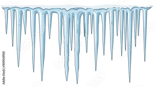 A row of long, sharp icicles hanging down from a solid blue ice formation against a clean white background with a cold and wintry mood.