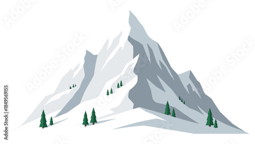 Illustration of a snow-capped mountain with evergreen trees on its slope, set against a white background with a minimalist and serene mood.
