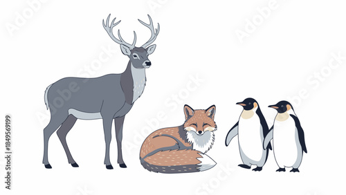 Illustration of a deer, a fox, and two penguins standing together on a plain white background in a simple, flat style with a mix of earthy and icy tones.